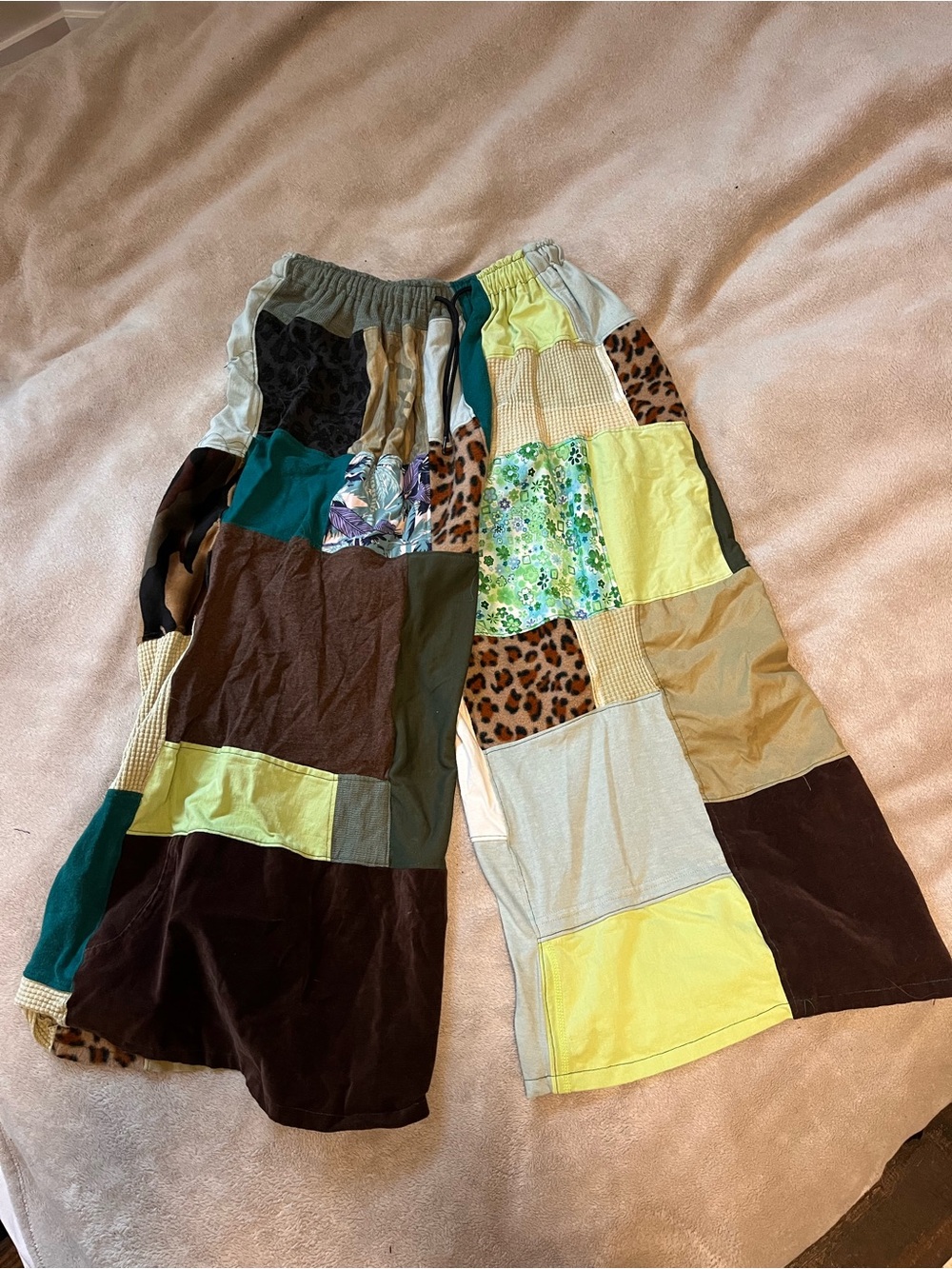 Patchwork Pants in Green, Brown